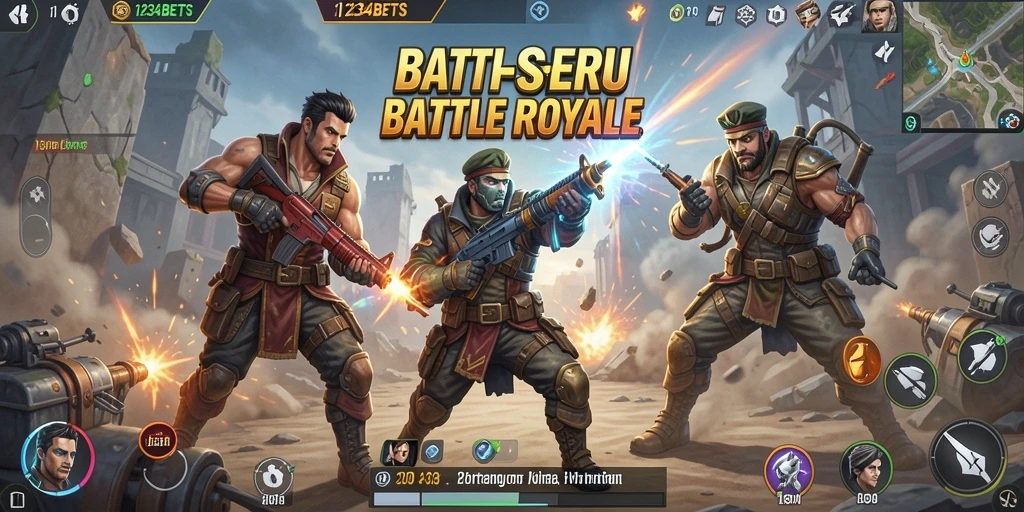 Tangkapan layar utama 1234BETS menampilkan aksi intens dalam gameplay Battle Royale.