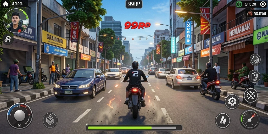 Screenshot 99RP menampilkan aksi balapan yang mendebarkan di trek.