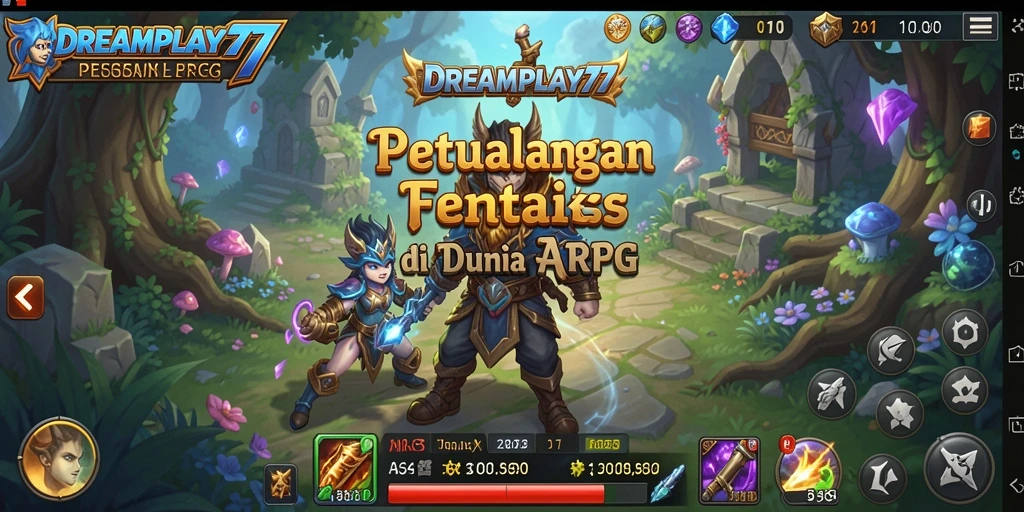 Tangkapan layar utama dari DREAMPLAY77 menampilkan aksi pertempuran seru di dunia fantasi.