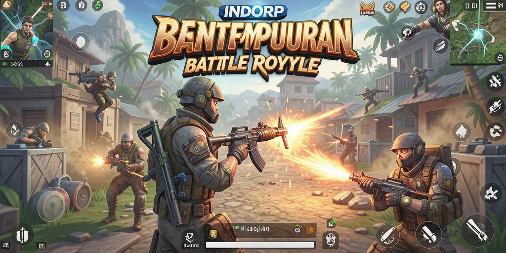 Tangkapan layar gameplay INDORP yang penuh aksi di medan perang Battle Royale.