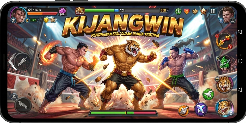 Tampilan seru gameplay pertarungan KIJANGWIN dengan aksi karakter yang menarik.