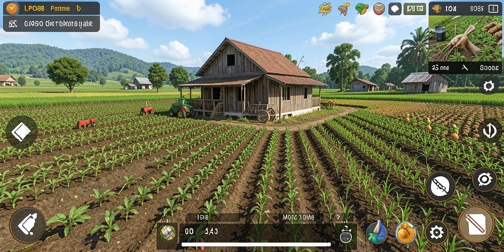 Screenshot gameplay LPO88 yang menampilkan suasana pertanian yang cerah.