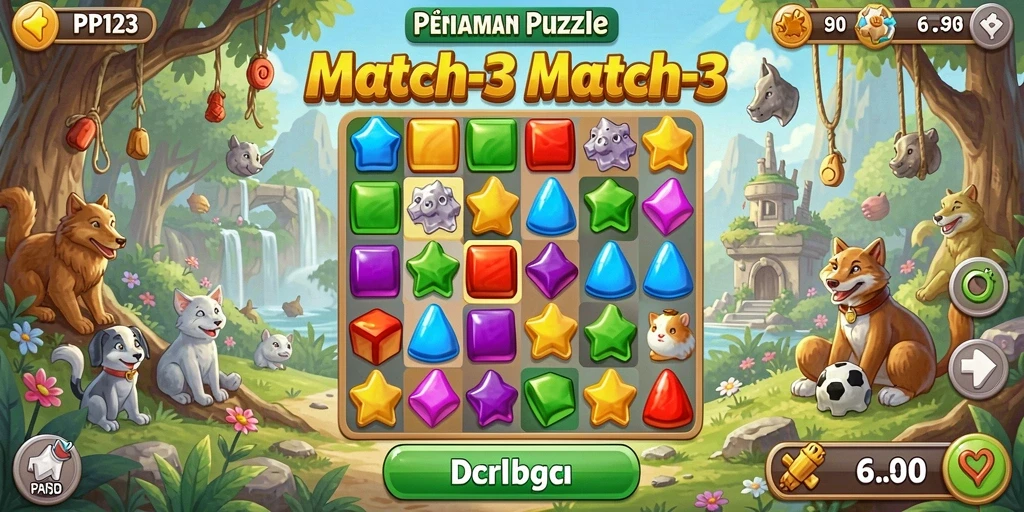 Screenshot gameplay PP123 menampilkan level Match-3 yang penuh warna.
