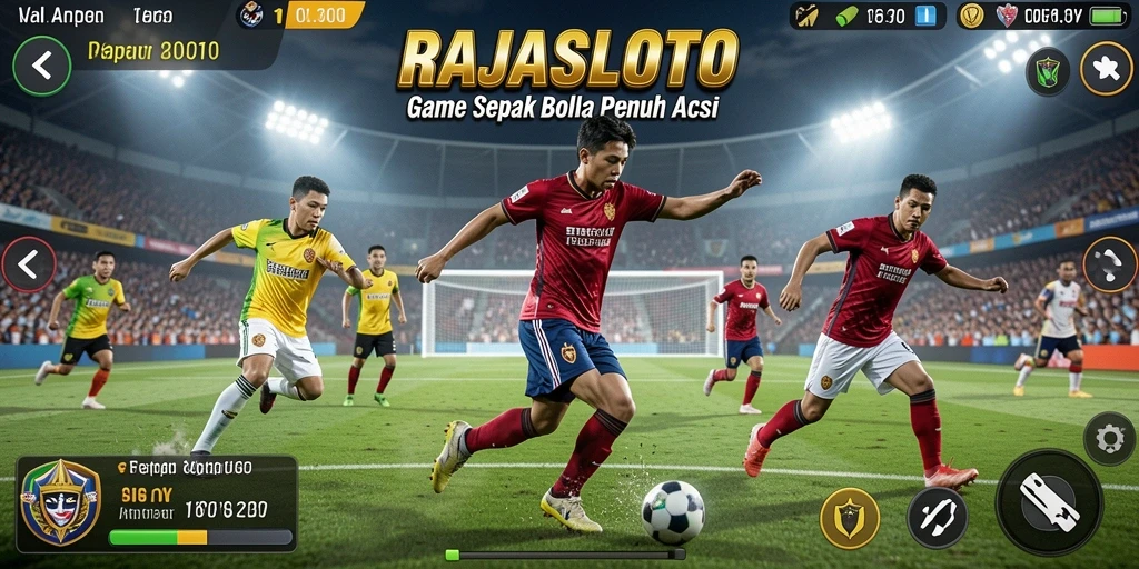 Tangkapan layar utama RAJASLOTO menunjukkan aksi pertandingan sepak bola yang mendebarkan.