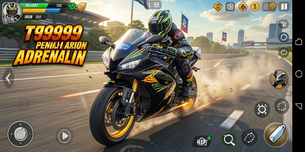 Screenshot gameplay T9999 menampilkan akselerasi balapan motor penuh aksi.