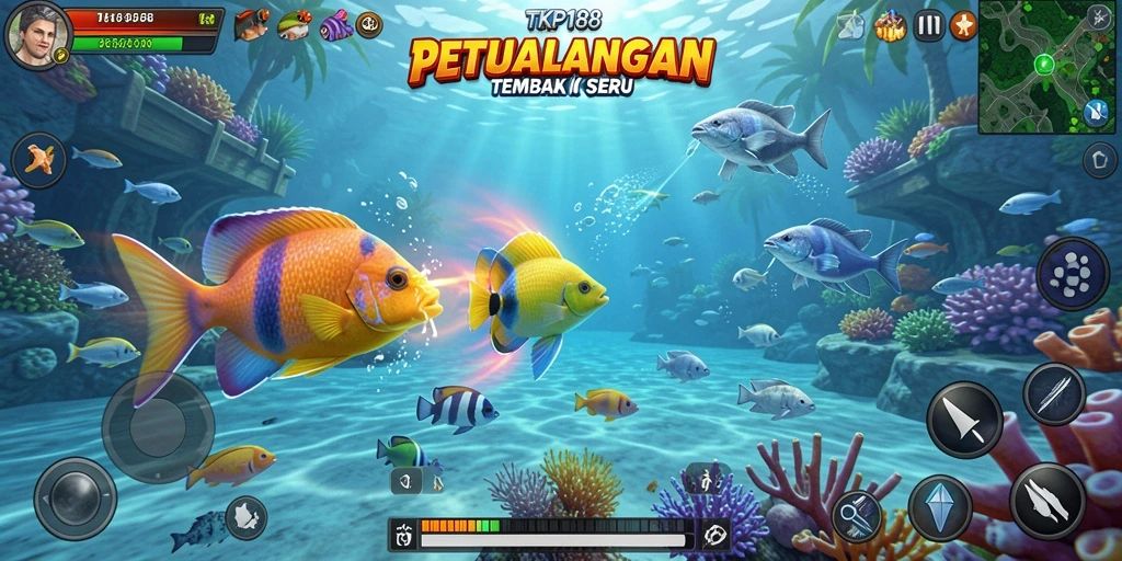 Tangkapan layar TKP188 menampilkan aksi seru menembak ikan di lautan.