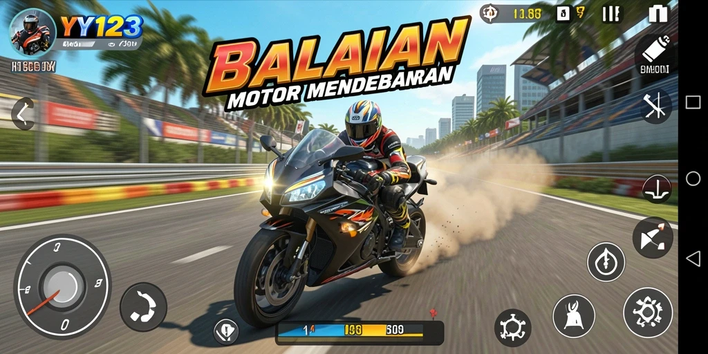 Tangkapan layar utama YY123 menunjukkan balapan motor yang seru dan mendebarkan.